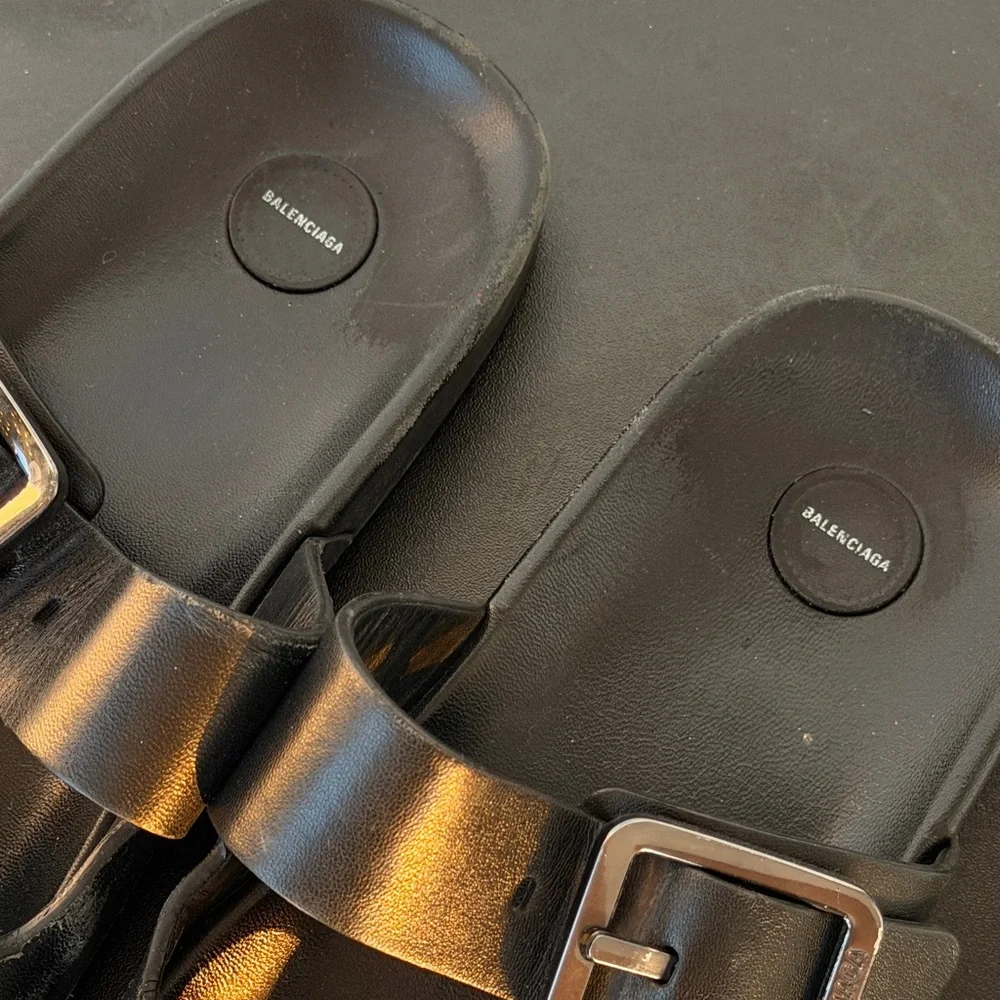 Balenciaga Black Leather Double Strap Buckle Slides - Picture 5 of 7